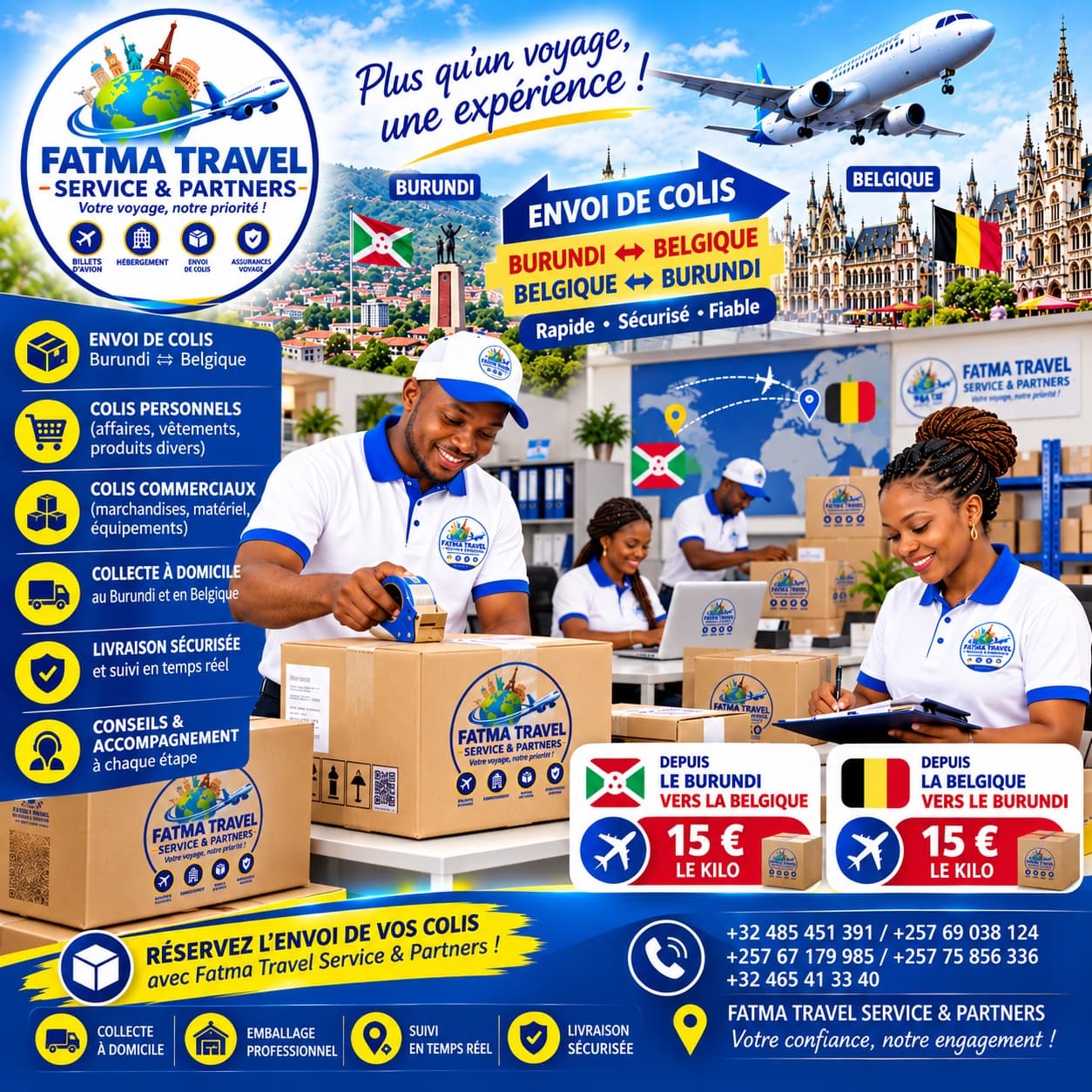 Affiche Fatma Travel — envoi de colis Burundi ⇄ Belgique, 15 € le kilo