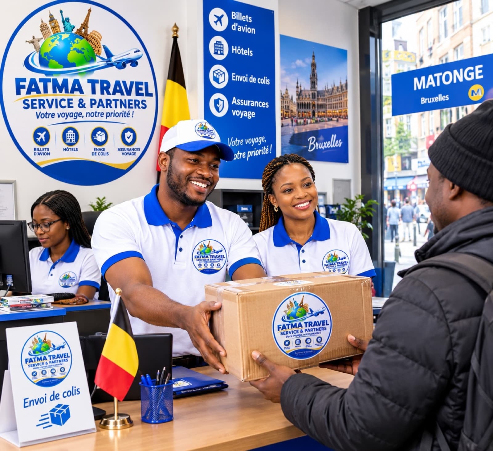 L’équipe Fatma Travel accueille un client à l’agence de Matonge, Bruxelles
