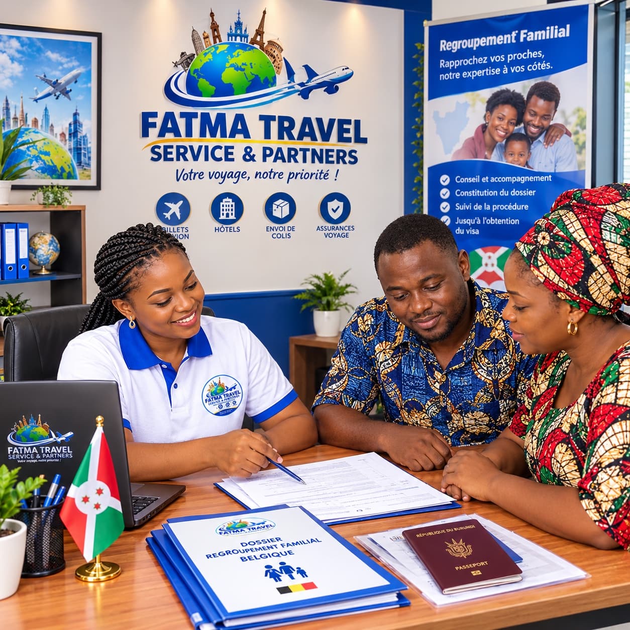 Une conseillère Fatma Travel prépare un dossier de regroupement familial avec un couple